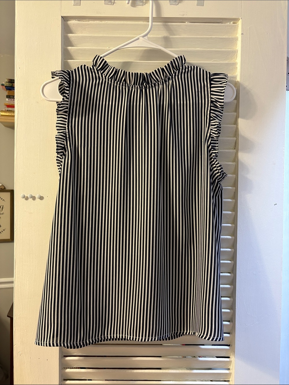 Ann Taylor Factory Black & White Striped Ruffle-Neck Sleeveless Top